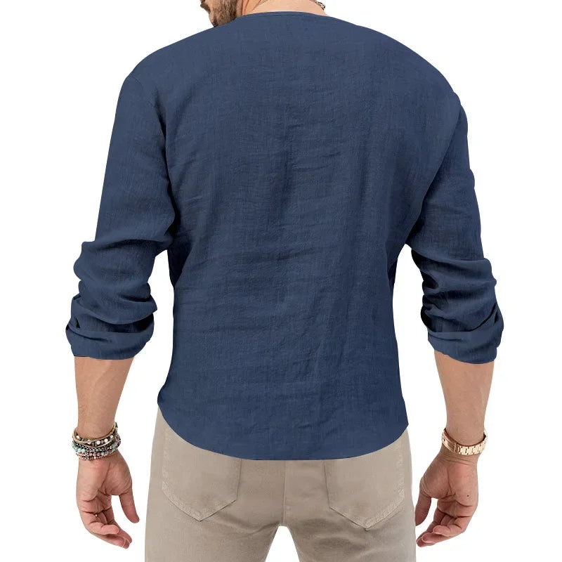 Camiseta Masculina de Linho de Manga Longa 2026 Henry, Slim Fit, Cor Sólida, Tamanho Grande Europeu e Americano, Gola V Profunda
