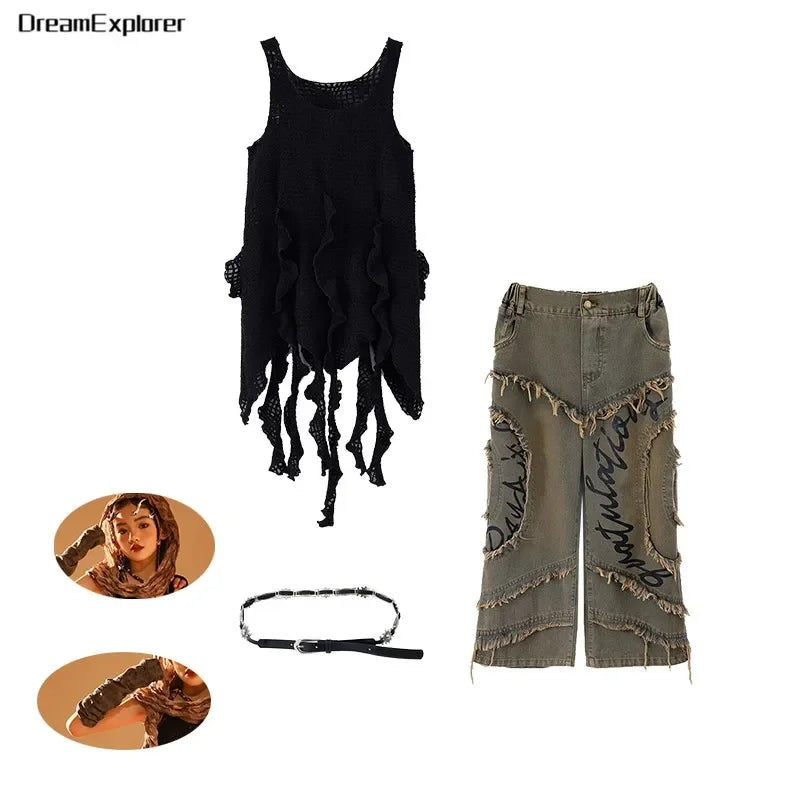 Conjunto de regata e jeans infantil Wasteland Street Dance de malha, moletons de hip hop, roupas de jazz, roupas punk, meninos e meninas