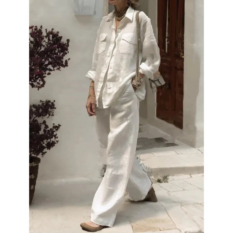 Conjunto Feminino de Linho com 2 Peças: Camisa de Manga Longa com Botões e Calças de Perna Larga