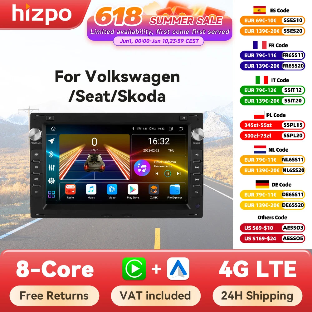 Hizpo rádio do carro de 7 polegadas para vw golf 4 passat polo transporte t5 multivan assento jetta carro multimídia gps 2din autoradio carplay 7862