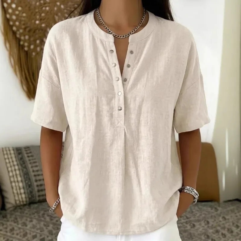 Blusa Feminina de Linho com Gola Henley, Manga Curta, Casual, Solta, Cor Sólida, Top de Verão