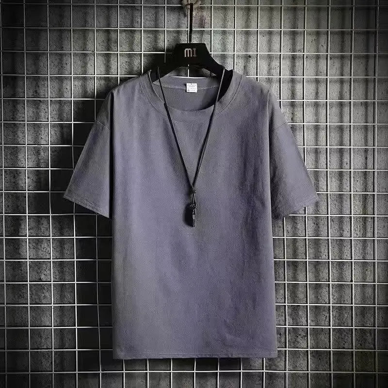 Camiseta de Linho de Manga Curta Masculina, Nova Camiseta de Algodão e Linho Solta para o Verão, Camiseta de Cor Sólida