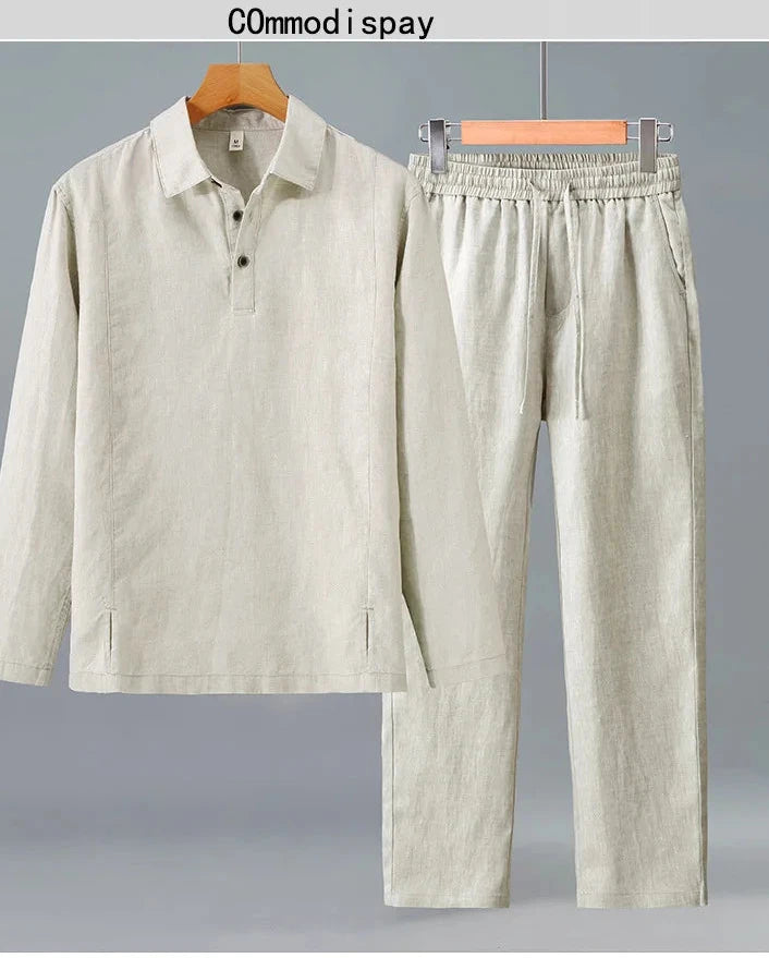 Camisa de Linho Pura de Manga Longa para Homens, Camiseta Leve e Respirável, Conjunto de Calças Casuais de Linho para Primavera e Outono