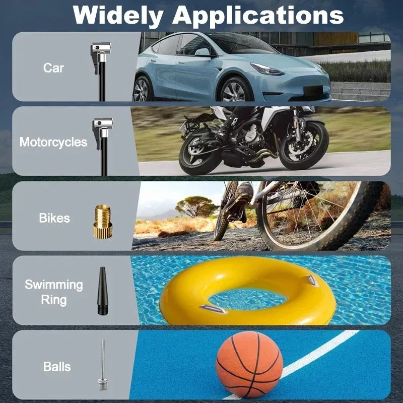 Bomba de Ar Sem Fio para Carro, Compressor de Ar, Inflador de Pneus com Luz LED, Inflador de Pneus Elétrico 150Psi para Carros, Motos e Bicicletas