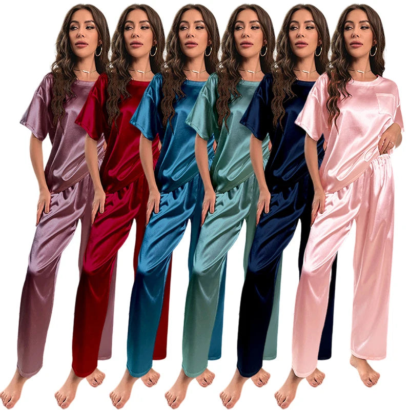 Pijamas de seda para mulheres casa terno de manga curta calças compridas pijama duas peças conjunto cetim pijamas pijamas mujer loungewear