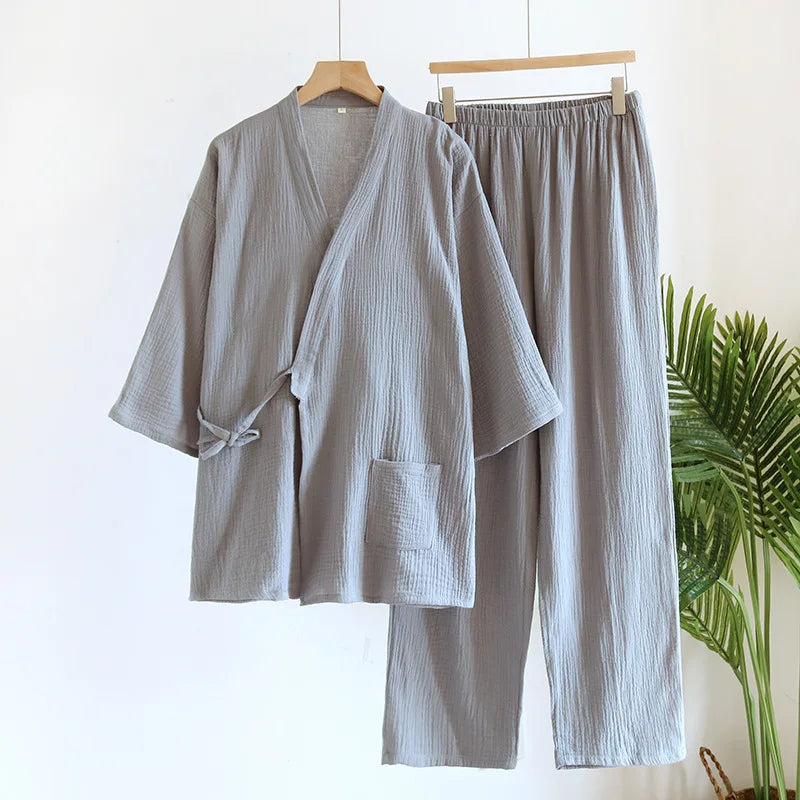 Primavera/outono japonês quimono pijamas masculinos pijamas masculinos gaze fina algodão rendas topo + calças soltas de duas peças homewear