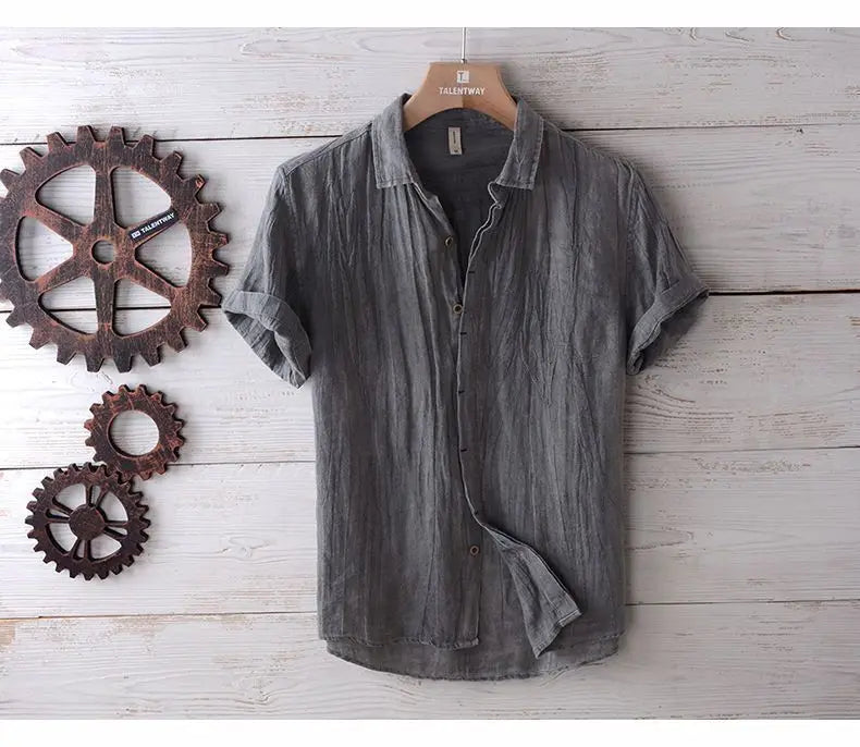 Camisa de Linho de Manga Curta para Homens, Camisa Casual Solta e Fresca de Verão em Cores Sólidas, Estilo Retro Japonês