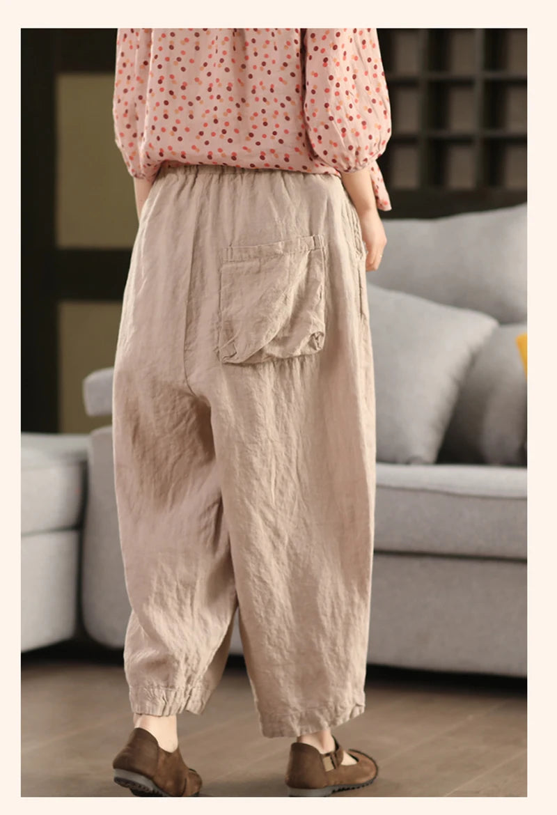 Calças compridas femininas de linho puro natural, estilo solto e retrô, calças largas, roupas de tamanho grande, casuais ao ar livre, confortáveis e legais