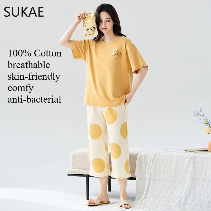 SUKAE-Conjunto de Pijamas dos desenhos animados das mulheres, 100% algodão, calça curta na altura do joelho, pijamas, capris loungewear, pijamas de verão, M-4XL