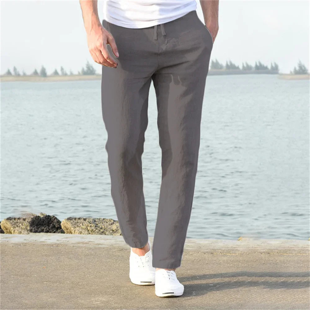 Calças de linho de algodão masculino outono novo respirável cor sólida calças de linho fitness streetwear S-3XL