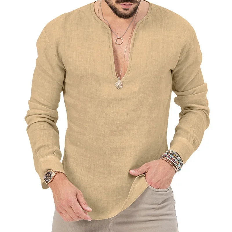 Camiseta Masculina de Linho de Manga Longa 2026 Henry, Slim Fit, Cor Sólida, Tamanho Grande Europeu e Americano, Gola V Profunda