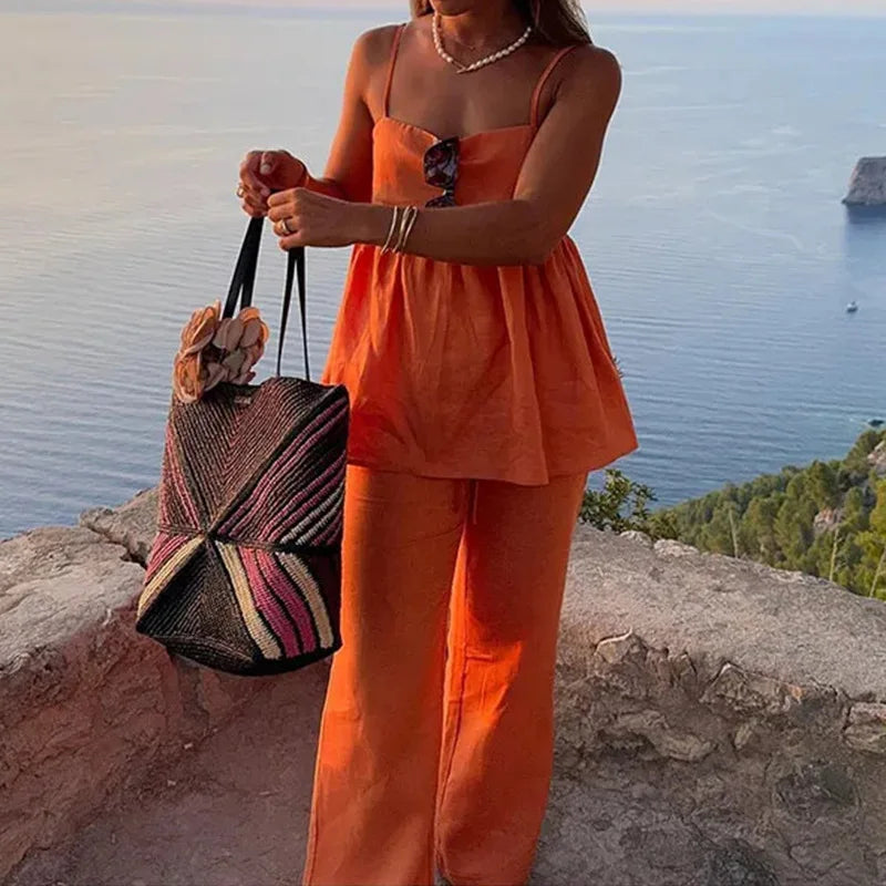 Conjunto feminino de linho algodão laranja 2 peças calças conjunto feminino roupas casuais primavera verão praia férias novo em roupa combinando 2025