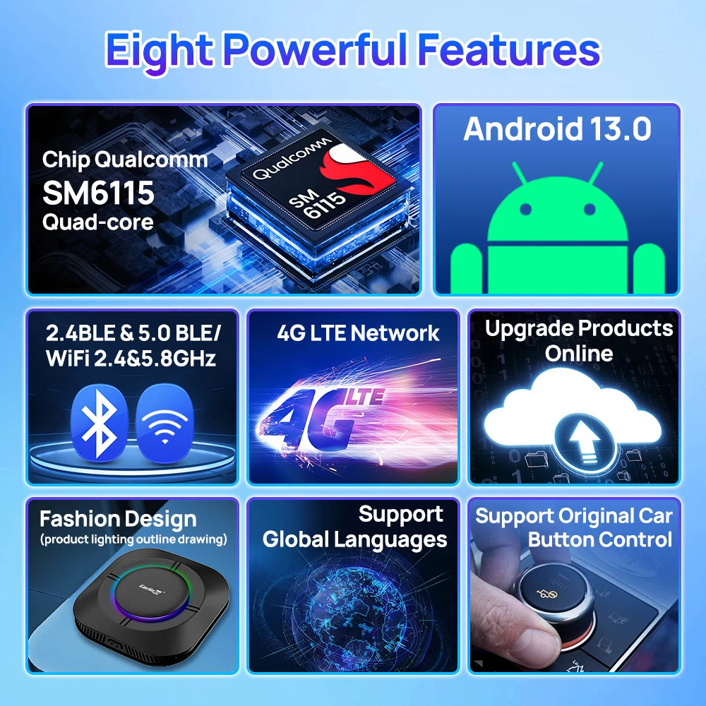 CarlinKit Android 13 LED AI Box Wireless CarPlay Wireless Android Auto Smart Car Multimedia Box Qualcomm 8-Core Chip Cartão SD Expandir para 512 GB Suporte Vídeo Online