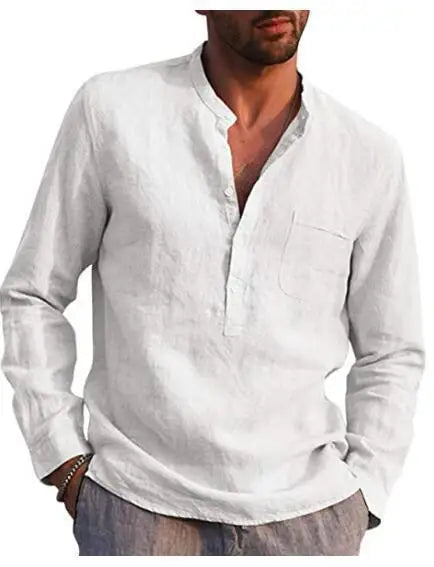 Camisa de linho respirável masculina, confortável, cor sólida, manga comprida, solta, Harajuku, blusa casual, camisa havaiana, breve, 2022