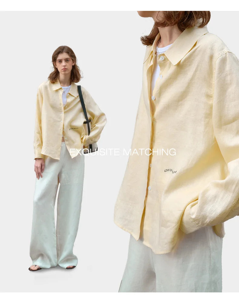 Camisa Feminina 100% Linho 2026 Nova Coleção Primavera Verão Casual com Gola Lapela Cardigã Protetor Solar Bordado Manga Longa Branca