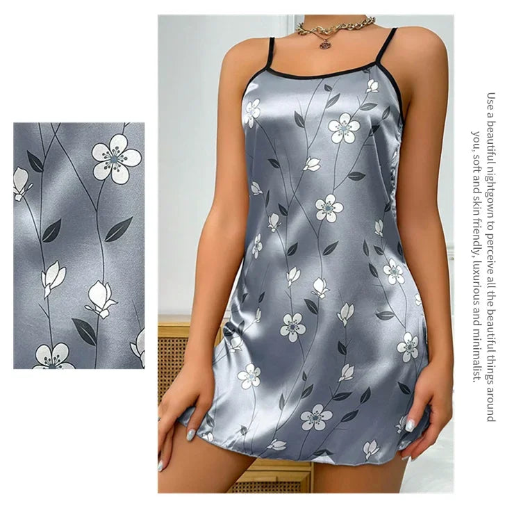 Pijamas femininos verão floral impressão cetim camisola casual sem mangas sem costas deslizamento noite vestido sexy camisola roupas de casa