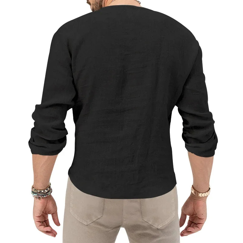 Camiseta Masculina de Linho de Manga Longa 2026 Henry, Slim Fit, Cor Sólida, Tamanho Grande Europeu e Americano, Gola V Profunda