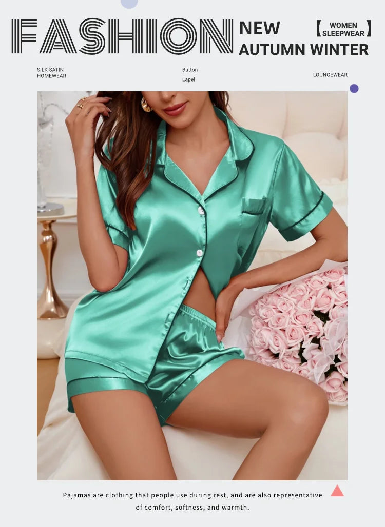 Conjunto pijama cetim feminino, pijama de manga curta, blusa e shorts de lapela, pijama de botão, roupas domésticas