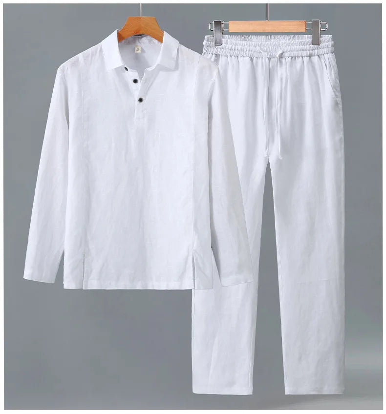 Camisa de Linho Pura de Manga Longa para Homens, Camiseta Leve e Respirável, Conjunto de Calças Casuais de Linho para Primavera e Outono