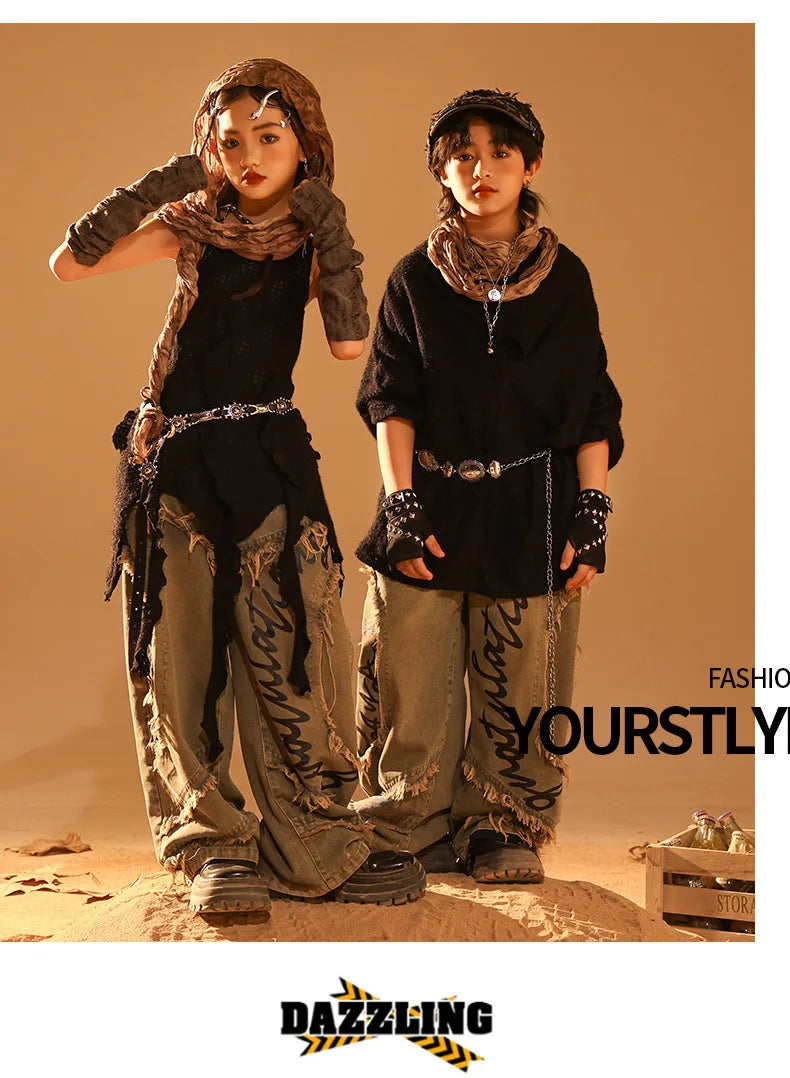 Conjunto de regata e jeans infantil Wasteland Street Dance de malha, moletons de hip hop, roupas de jazz, roupas punk, meninos e meninas