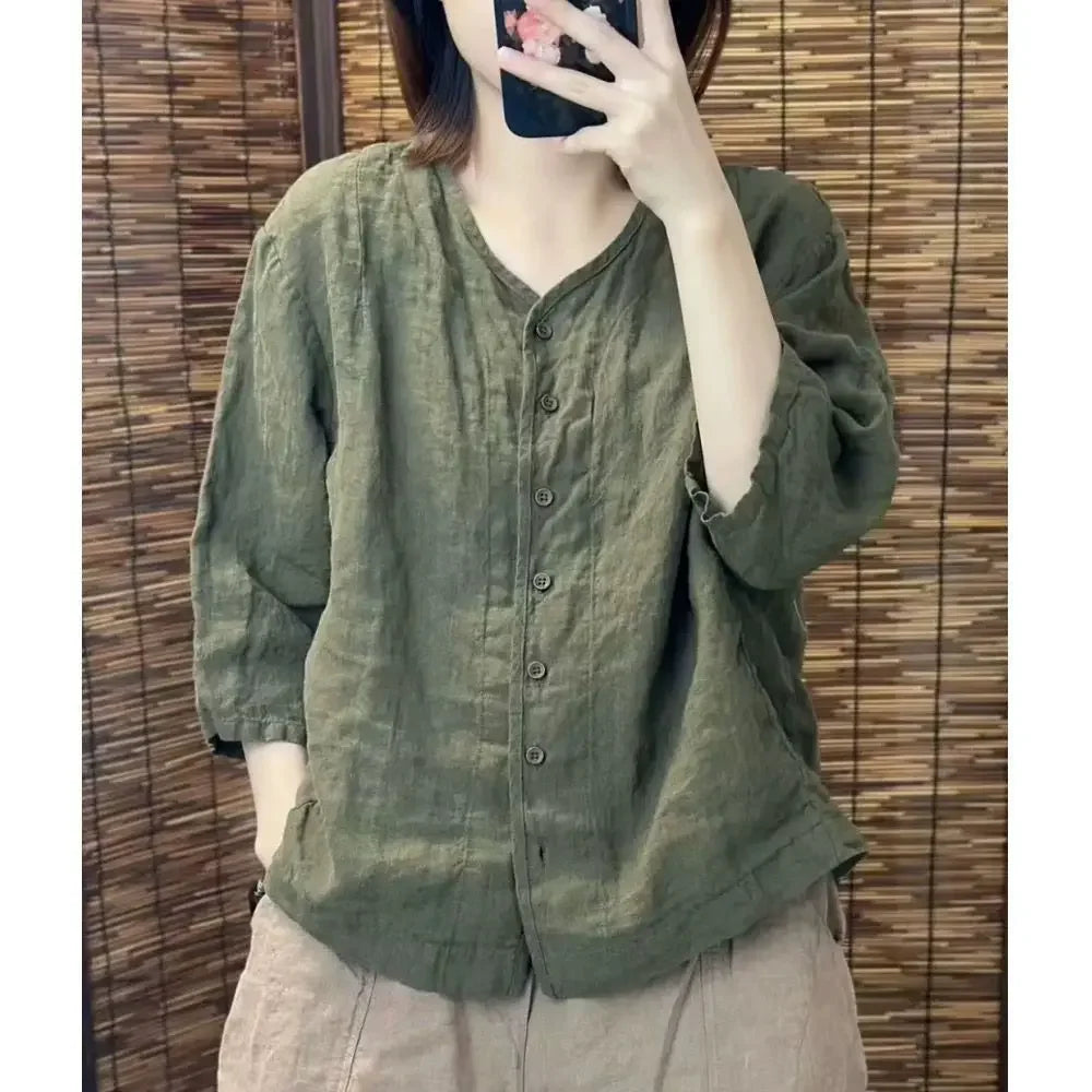 Camisa de Linho com Decote em V e Manga 3/4, Blusa Casual Solta com Botões, Top de Linho Respirável para Mulheres