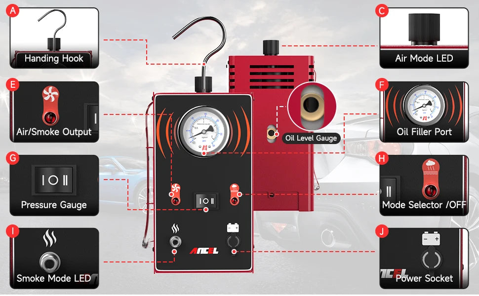 Ancel s200 evap detector de vazamento de fumaça para carro motocicleta máquina de fumaça ferramenta diagnóstico testador vácuo óleo combustível tubo vazamento localizador
