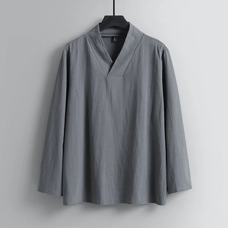 Camiseta de linho masculina primavera verão manga longa tshirts plus size 9xl moda casual cor sólida com decote em v topos t masculino tamanho grande