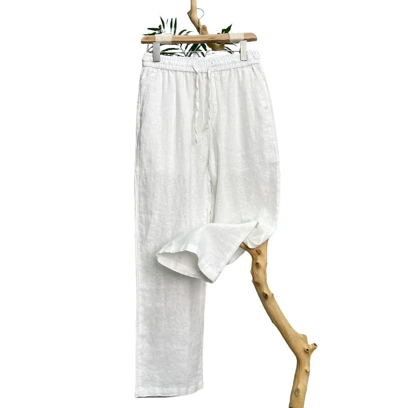 Linho natural pele pura respirável verão cor pura moda linho fino ajuste masculino solto linho reto calças casuais
