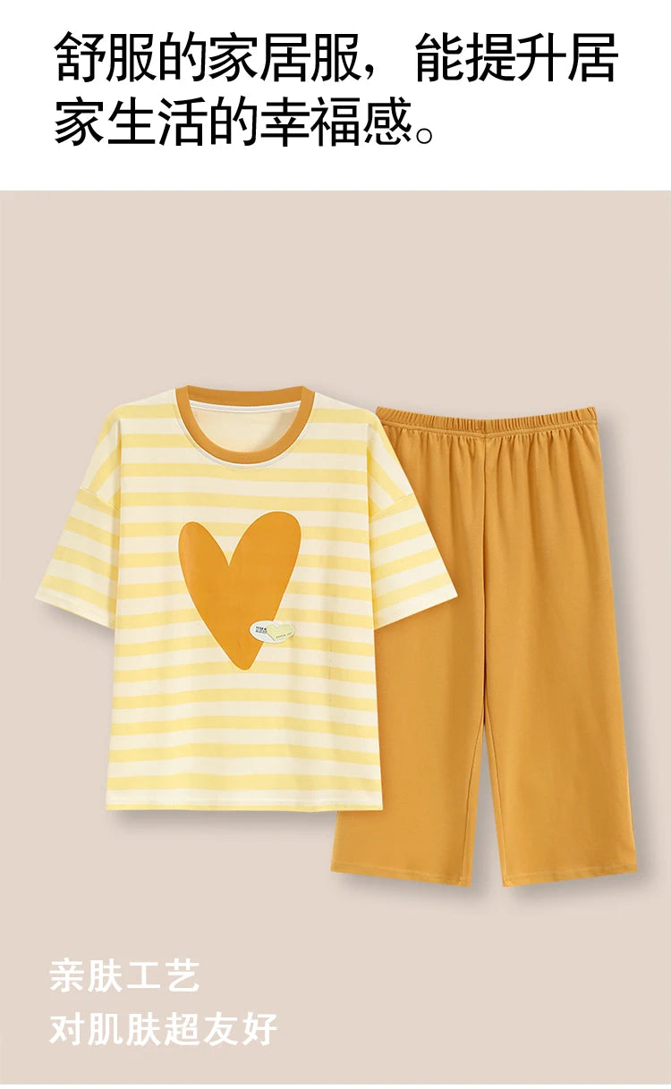SUKAE-Conjunto de Pijamas dos desenhos animados das mulheres, 100% algodão, calça curta na altura do joelho, pijamas, capris loungewear, pijamas de verão, M-4XL