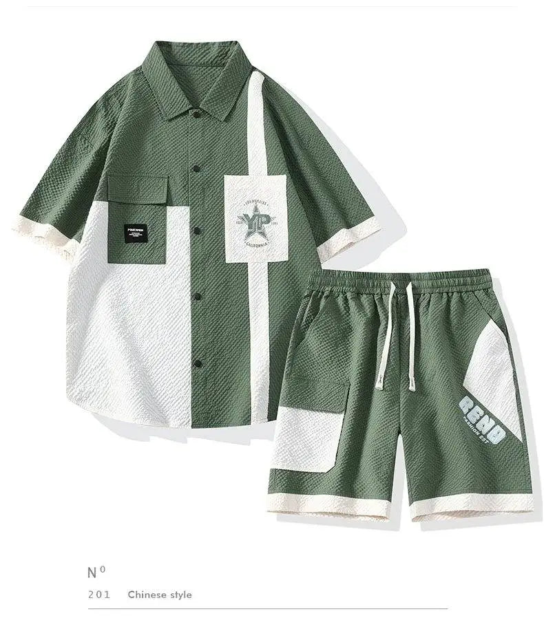 Conjunto Casual Masculino de Linho e Algodão, Camisa de Manga Curta com Colarinho e Calças Largas, Traje de Verão com Bordado Floral