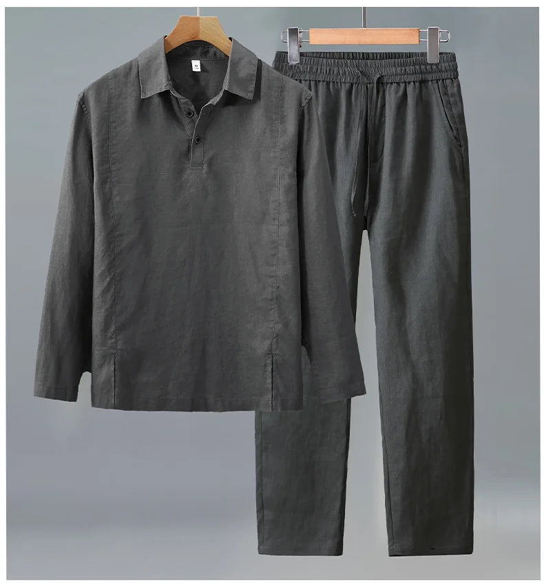 Camisa de Linho Pura de Manga Longa para Homens, Camiseta Leve e Respirável, Conjunto de Calças Casuais de Linho para Primavera e Outono