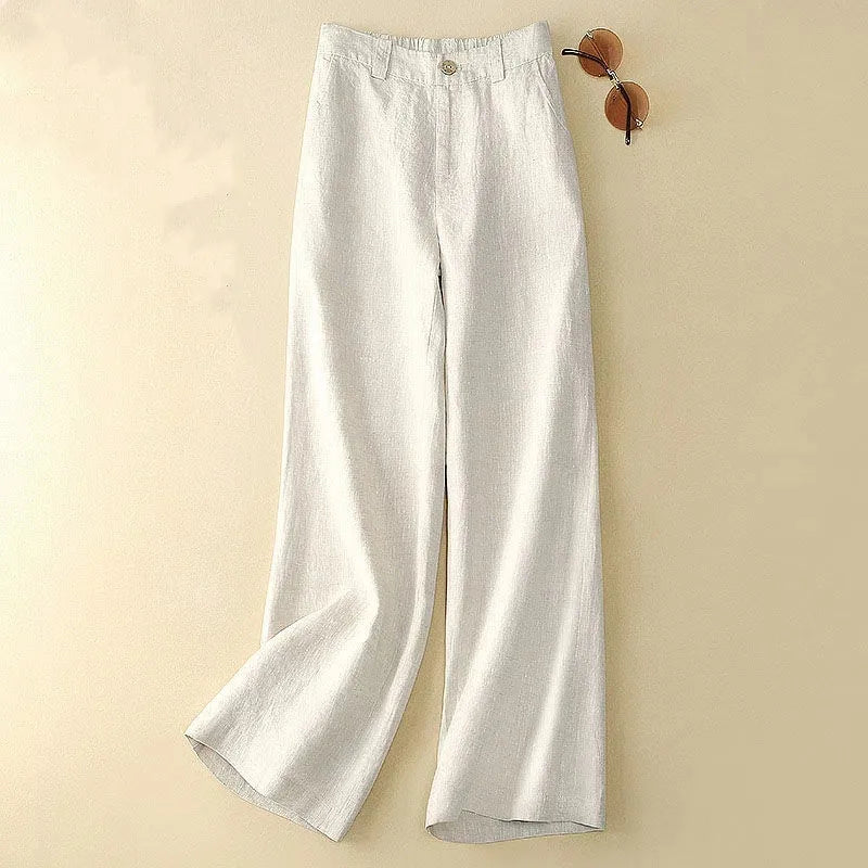 Calças de linho perna larga novo verão fino casual sólido calças compridas femininas elásticas cintura alta solta algodão e linho calças retas