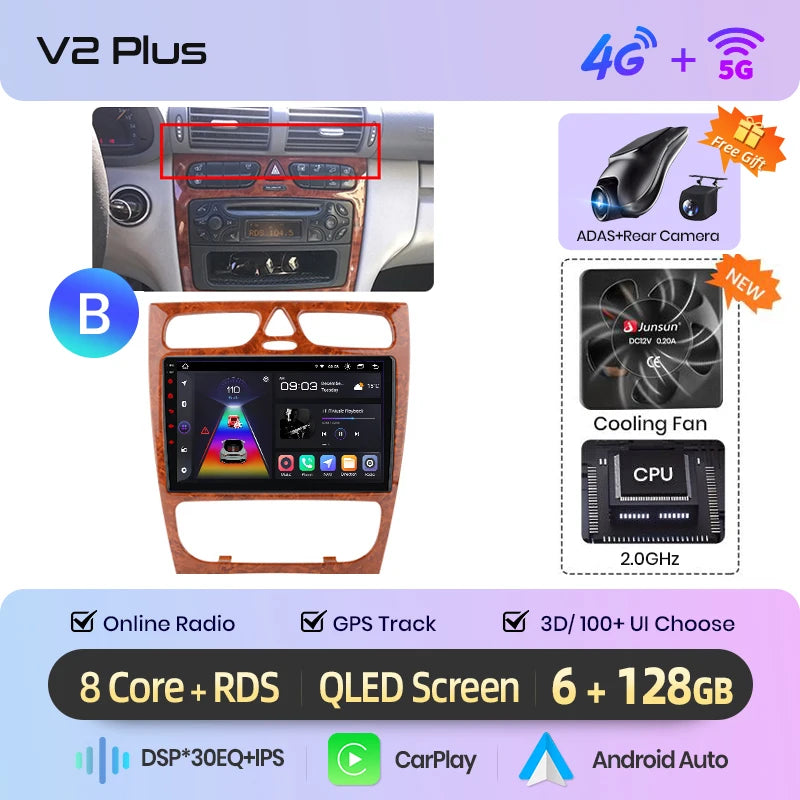Junsun carplay android auto rádio do carro para mercedes benz classe c w203 c200 c320 c350 clk w209 2000-2005 multimídia inteligente 4g