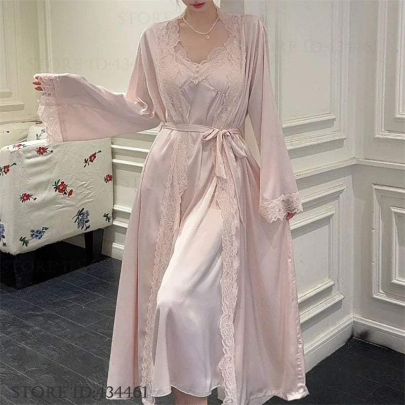 Feminino longo twinset robe conjunto sexy renda guarnição roupão de casamento quimono vestido sleepwear elegante seda gelo camisola loungewear homewear