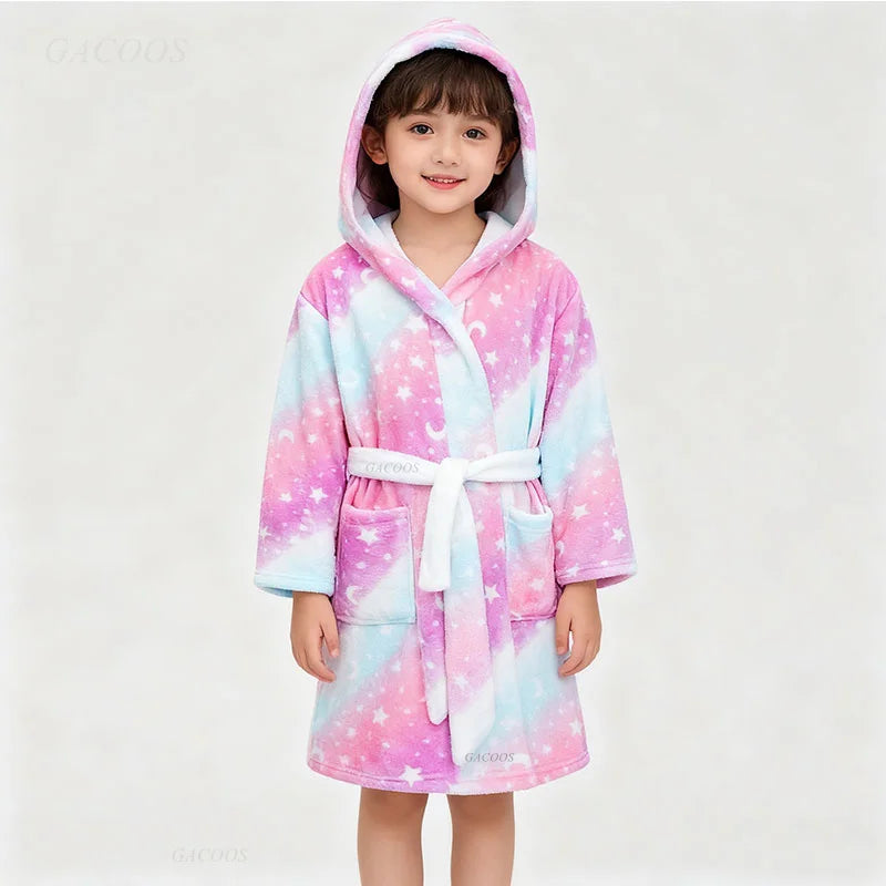 Roupão de banho infantil de dinossauro com capuz, pijama de unicórnio de desenho animado para meninos, roupões de banho de lã para meninas, roupa de dormir para bebês