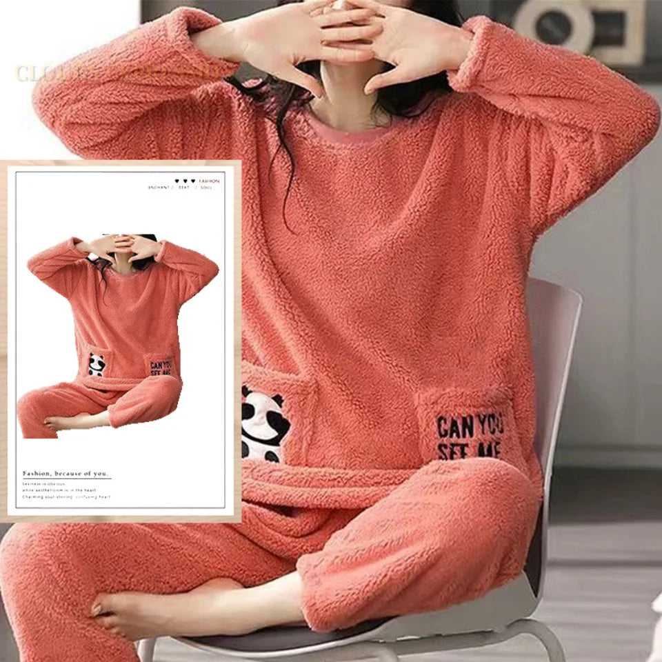 Outono inverno flanela conjuntos de pijamas femininos moda xadrez impresso teddy pijamas veludo homewear kawaii meninas pijamas mujer pijama