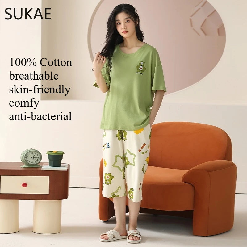 SUKAE-Conjunto de Pijamas dos desenhos animados das mulheres, 100% algodão, calça curta na altura do joelho, pijamas, capris loungewear, pijamas de verão, M-4XL