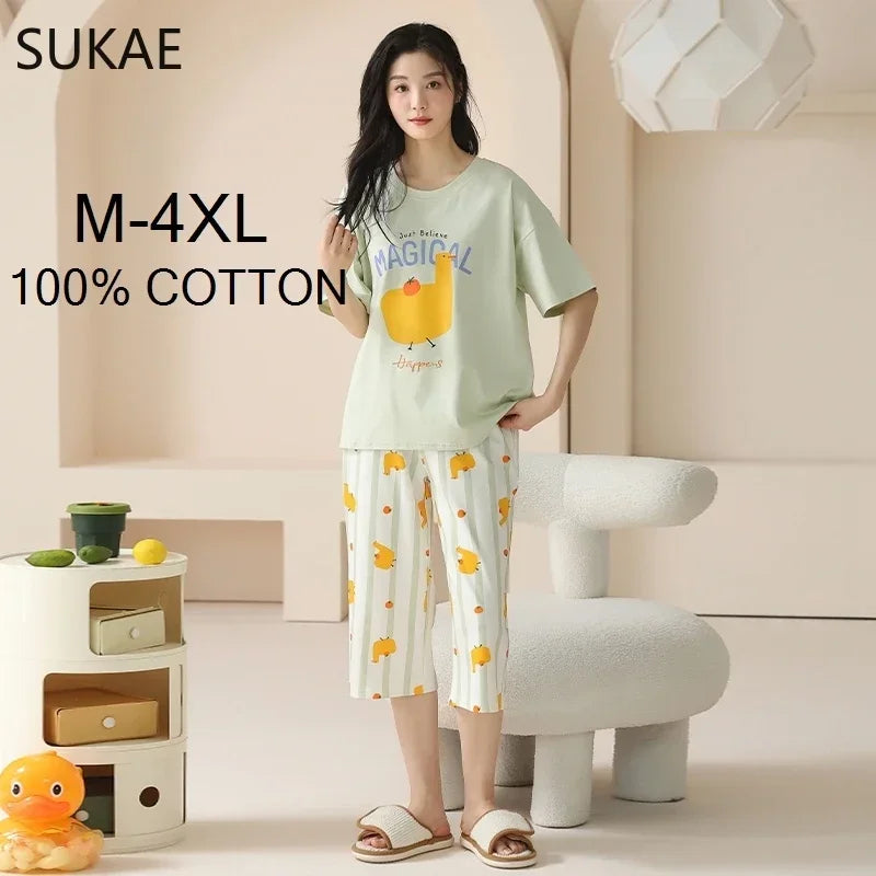 SUKAE-Conjunto de Pijamas dos desenhos animados das mulheres, 100% algodão, calça curta na altura do joelho, pijamas, capris loungewear, pijamas de verão, M-4XL