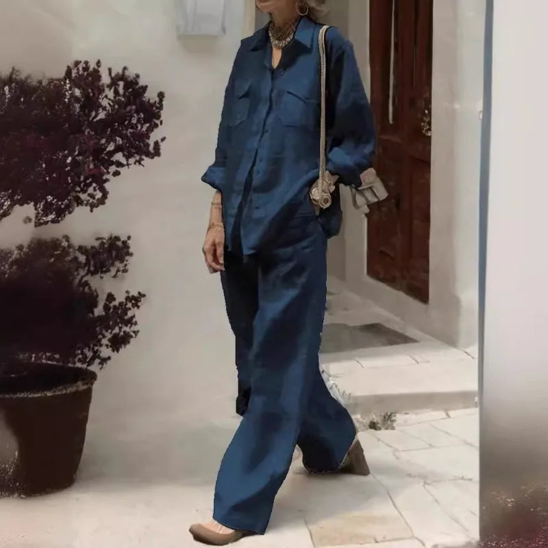 Conjunto Feminino de Linho com 2 Peças: Camisa de Manga Longa com Botões e Calças de Perna Larga