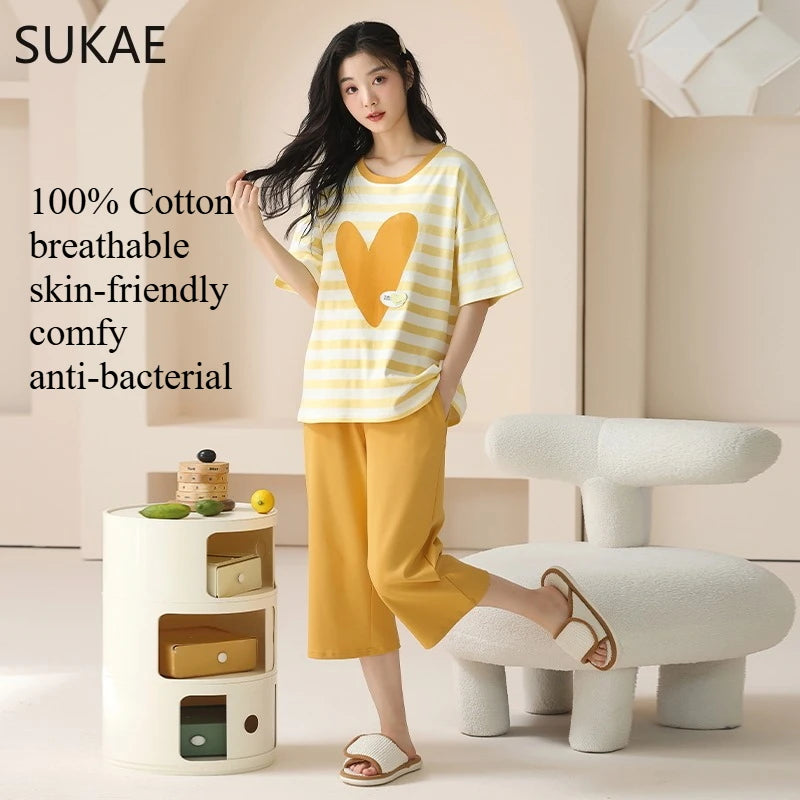 SUKAE-Conjunto de Pijamas dos desenhos animados das mulheres, 100% algodão, calça curta na altura do joelho, pijamas, capris loungewear, pijamas de verão, M-4XL