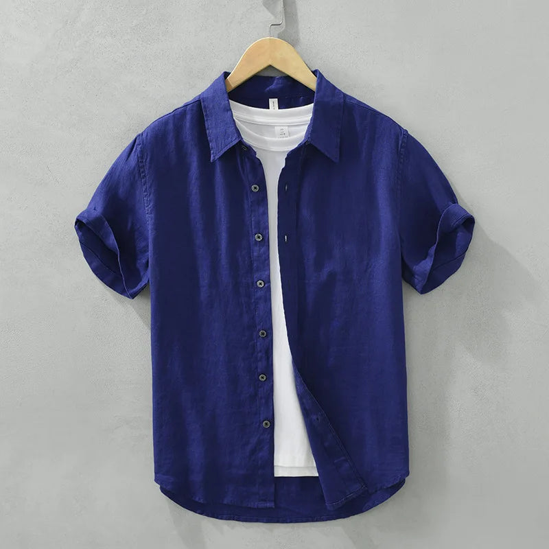 Camisa de linho de manga curta masculina, camisa respirável solta, camisa casual artística, monocromática, verão