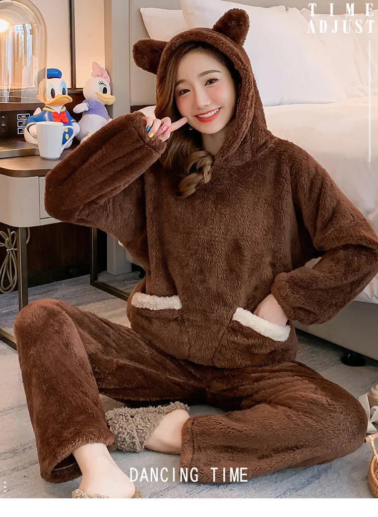 Outono inverno engrossado quente feminino loungewear terno dos desenhos animados de pelúcia com capuz urso pijamas senhoras flanela homewear conjunto