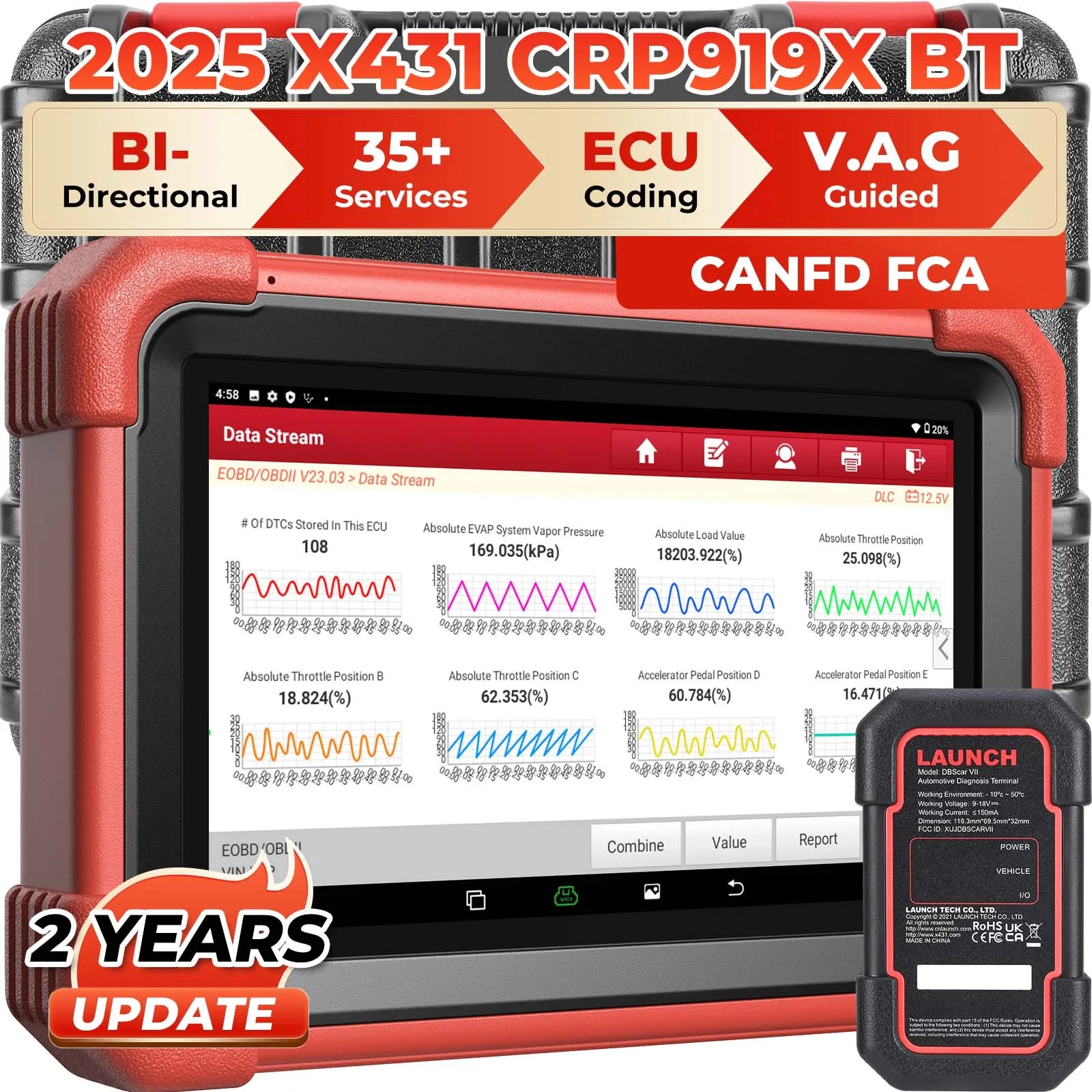 Novo Scanner Automotivo LAUNCH X431 CRP919XBT OBD2, Ferramentas de Diagnóstico Automotivo, Codificação de ECU CANFD DOIP, Envio Grátis