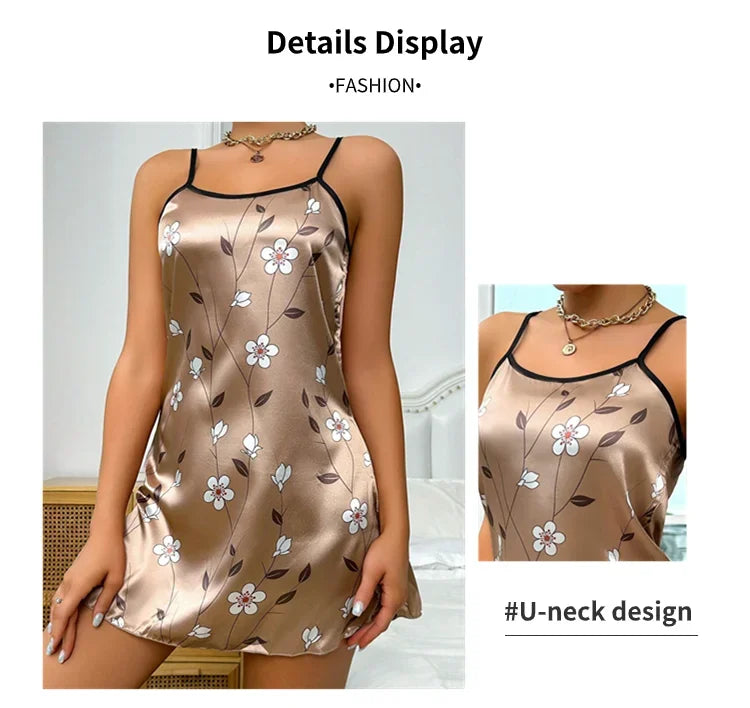 Pijamas femininos verão floral impressão cetim camisola casual sem mangas sem costas deslizamento noite vestido sexy camisola roupas de casa