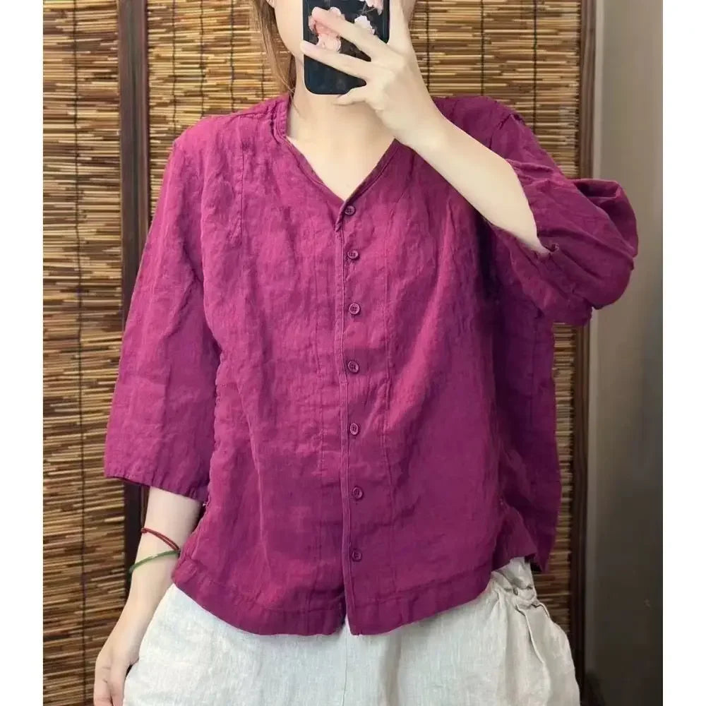 Camisa de Linho com Decote em V e Manga 3/4, Blusa Casual Solta com Botões, Top de Linho Respirável para Mulheres