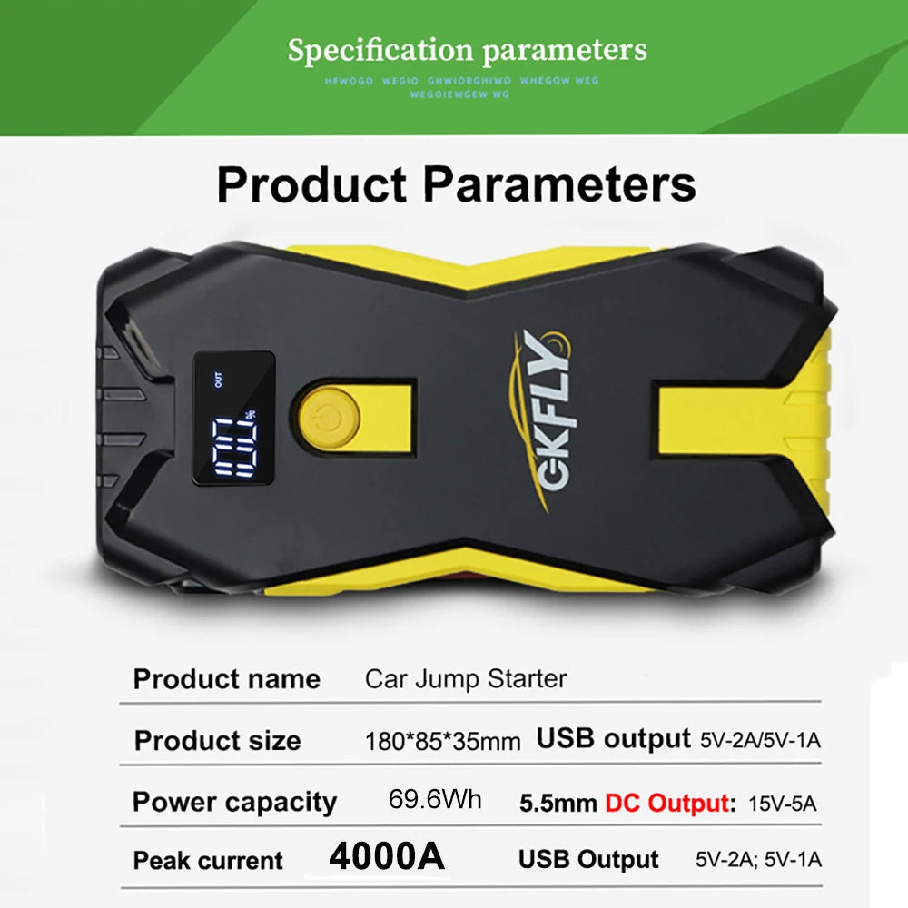 GKFLY 4000A/8000A Iniciador de Carro 12V, Banco de Energia Portátil, Dispositivo de Partida, Auxiliar de Bateria para Carros a Gasolina/Diesel 5L/3L