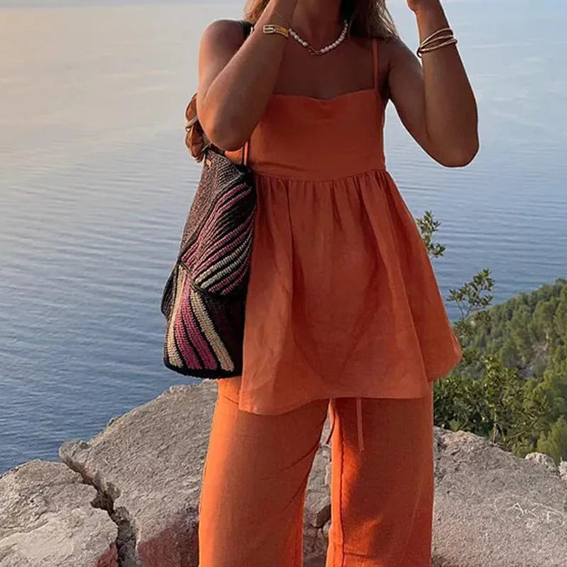 Conjunto feminino de linho algodão laranja 2 peças calças conjunto feminino roupas casuais primavera verão praia férias novo em roupa combinando 2025