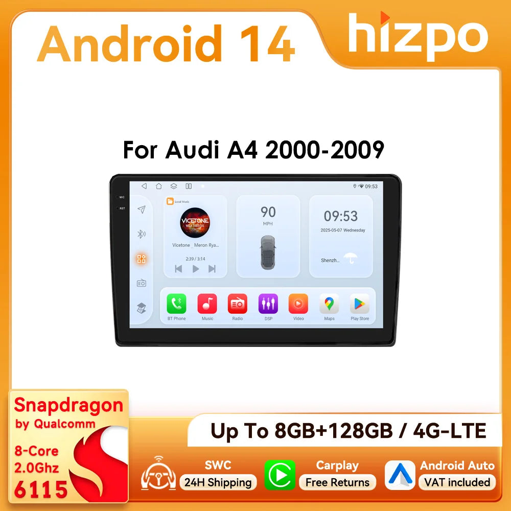 Rádio de Carro Android 2Din de 9 polegadas Hizpo para Audi A4 B8 B7 B6 S4 RS4 2000 - 2009 SEAT Exeo BT 4G DSP RDS CarPlay Navegação GPS 360CAM