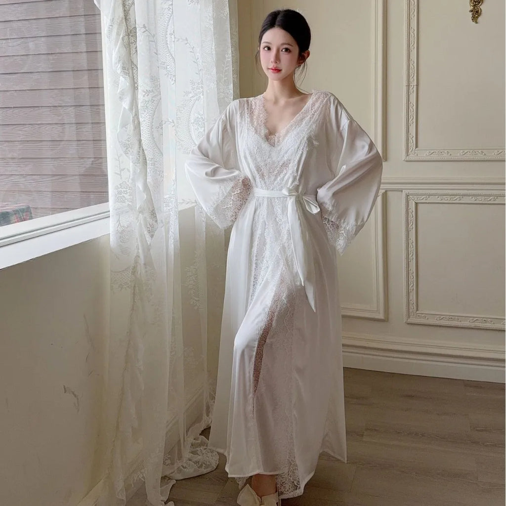 Feminino longo twinset robe conjunto sexy renda guarnição roupão de casamento quimono vestido sleepwear elegante seda gelo camisola loungewear homewear