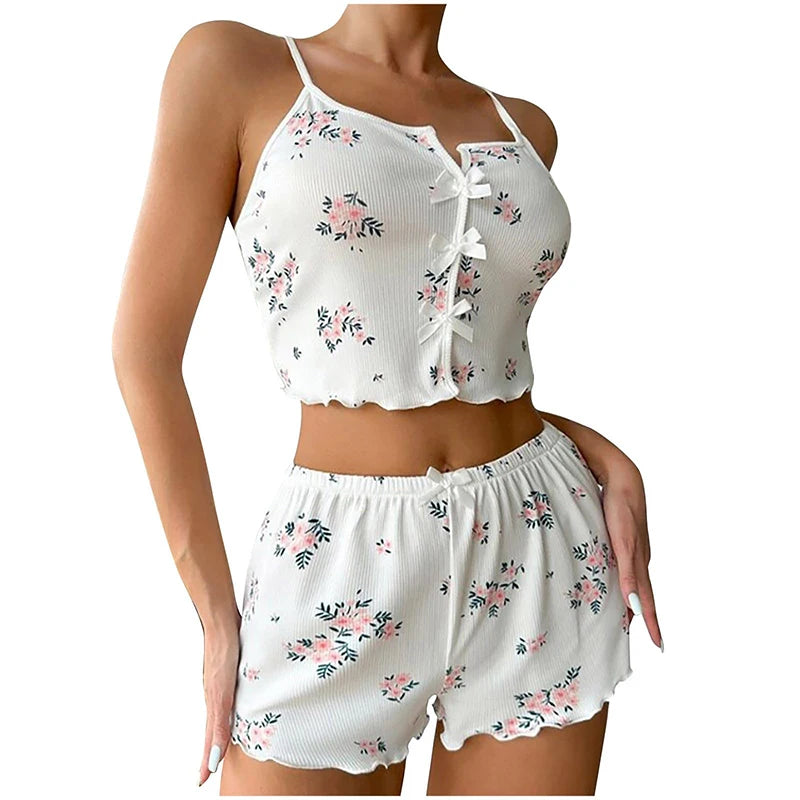 Conjunto de pijama feminino de malha canelada com estampa floral e shorts leves e respiráveis